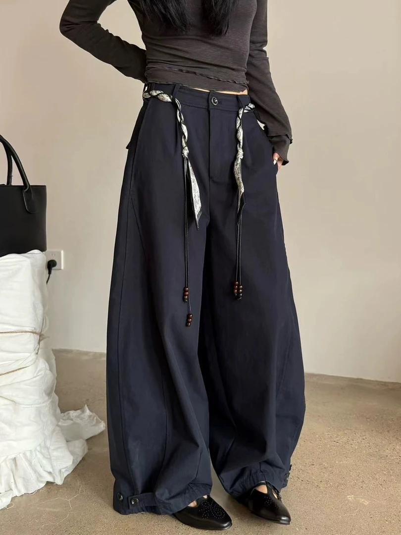 28151秋新款高腰阔腿拖地休闲裤女复古宽松显瘦发财裤休闲裤长98
