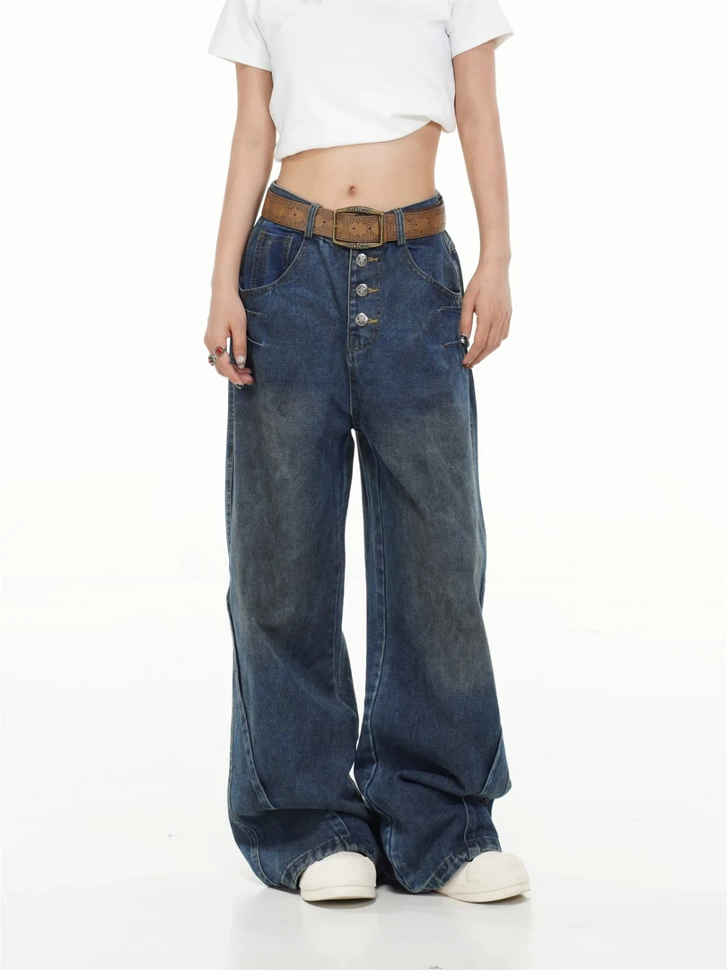 美式做旧高腰直筒长裤1579