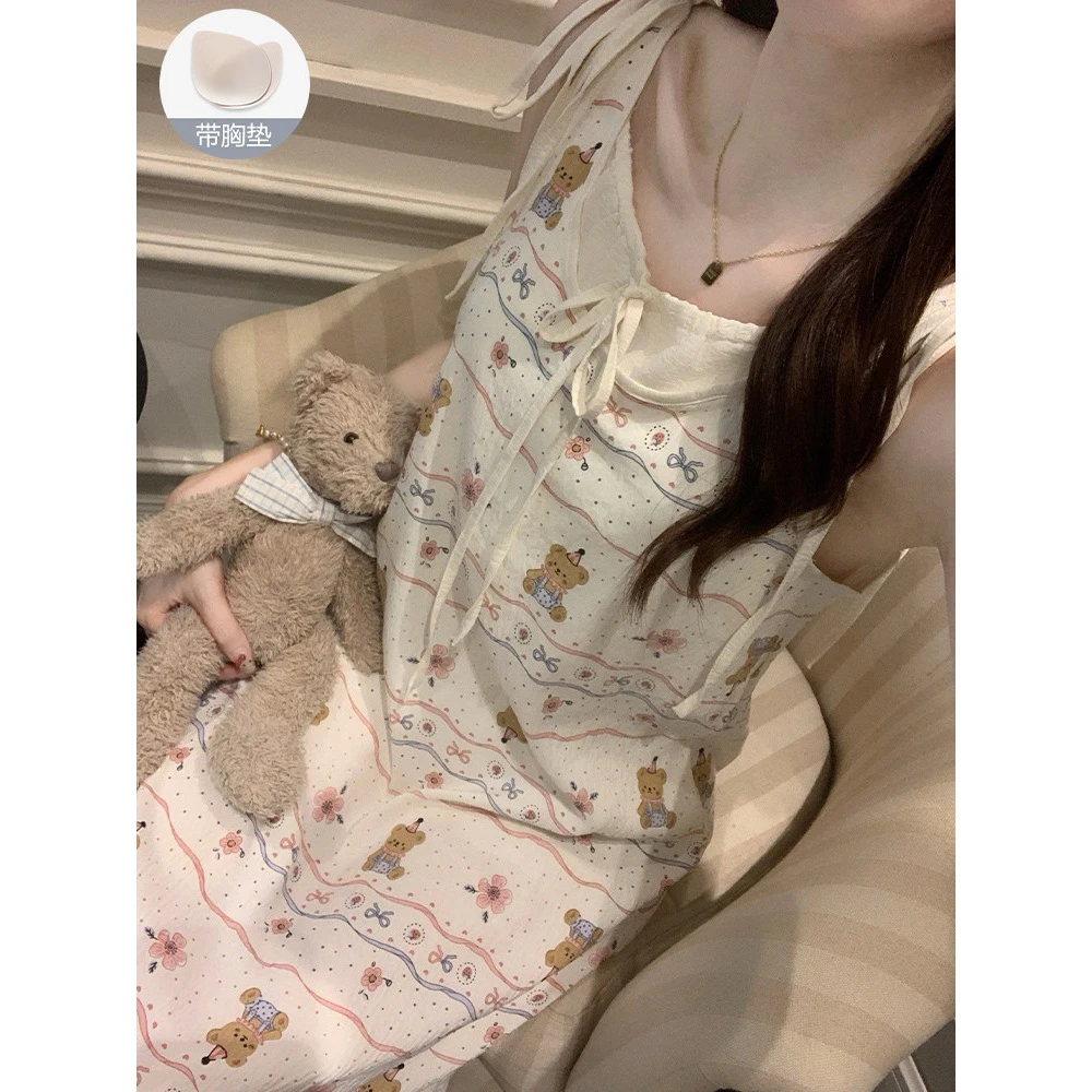 睡裙女夏季带胸垫日系吊带新款可爱小熊印花可外穿卡通学生家居服