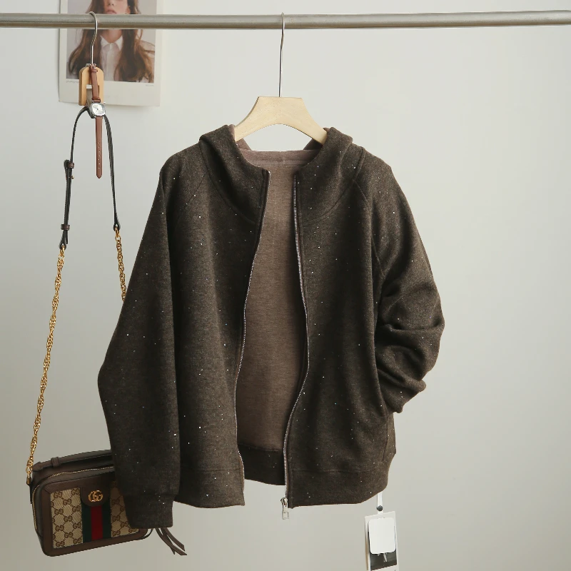 FD86037成人女装高端羊毛休闲连帽针织星星亮片星光羊毛上衣外套