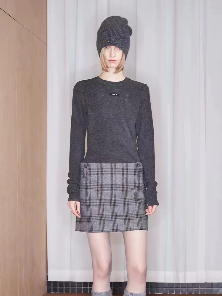 MAKE IF 格子灰咖半裙