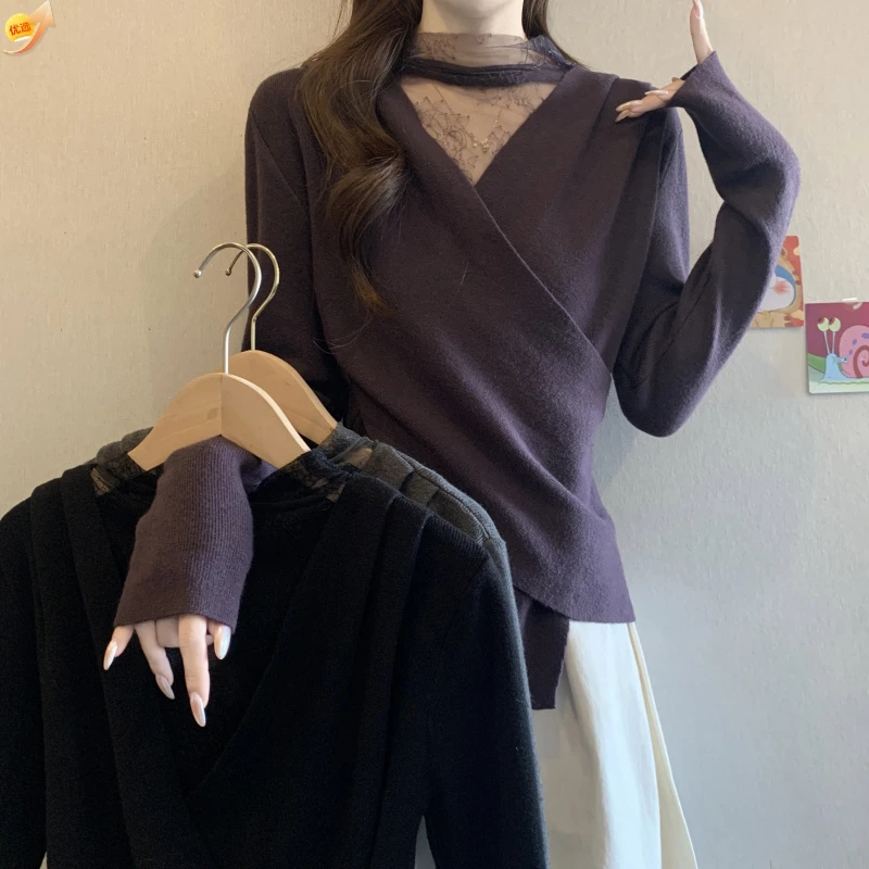 绝美大码韩系领口蕾丝拼接长袖针织女士秋冬常规厚度内搭打底衫