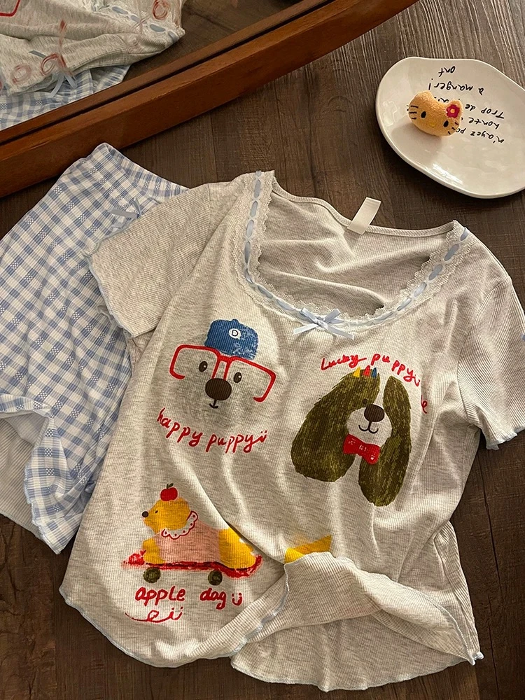 带胸罩蕾丝派对狗狗睡衣女夏季莫代尔可爱短袖短裤ins家居服薄款