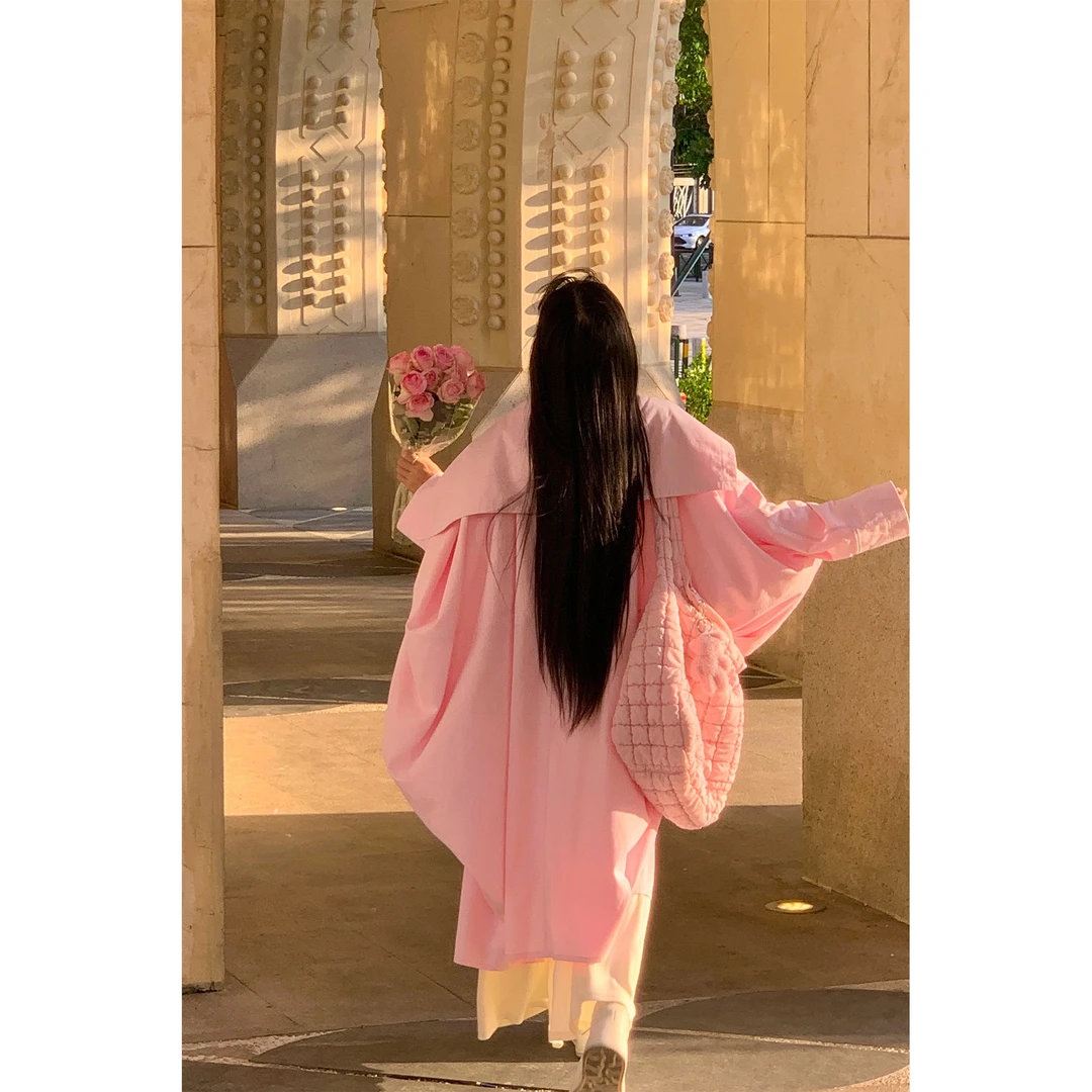 林初美粉色风衣外套女秋季韩系宽松长款慵懒松弛感大版高级感大衣