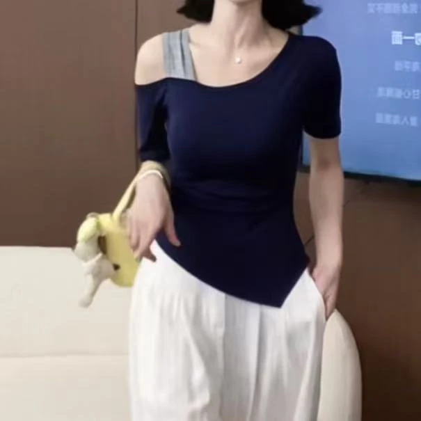 设计感小众气质不规则上衣夏季薄款亲肤柔软露肩修身显瘦短袖T恤f