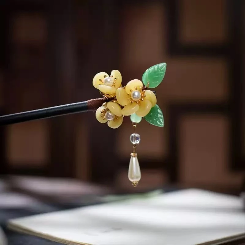 黄色琉璃木簪一只。前尘梦古风汉服配饰