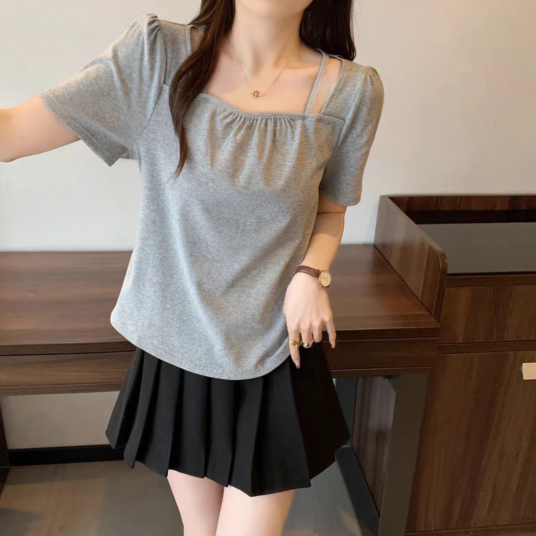 大码女装 胸106-126 方领褶皱显瘦短袖9106#