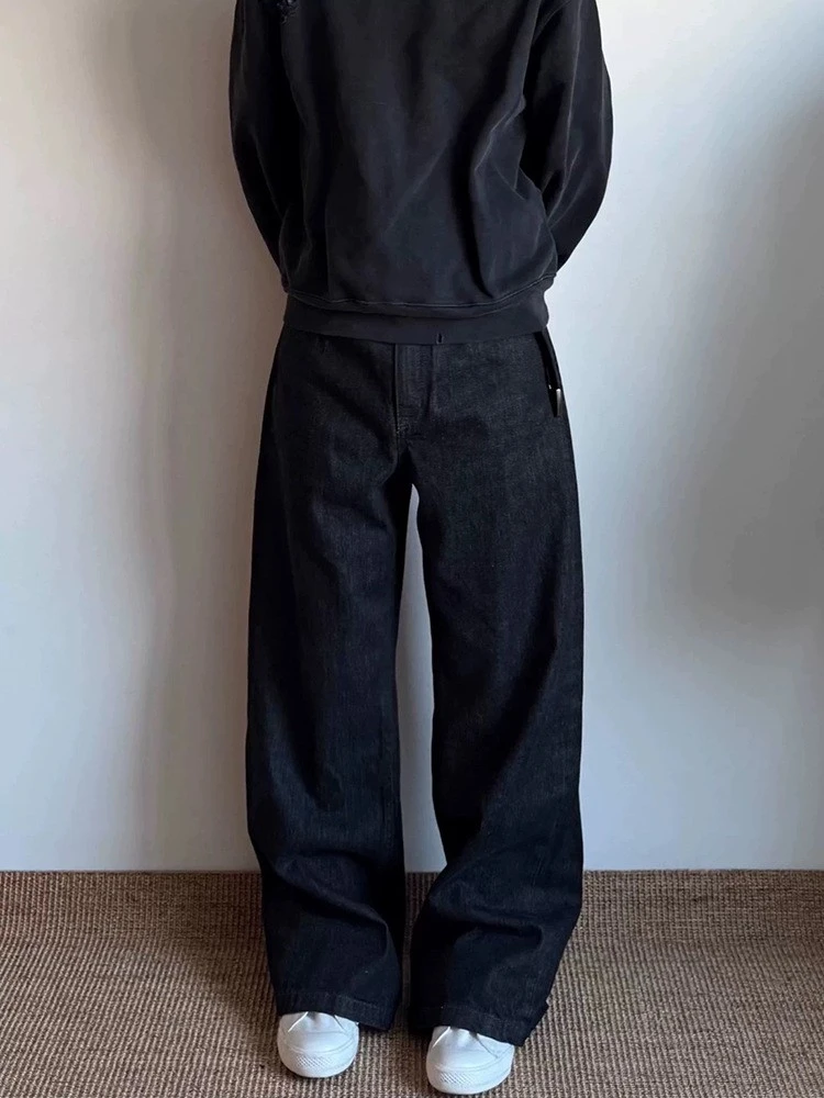 高货 14.5oz黑色赤耳窄幅红边原牛直筒微喇阔腿A字重磅水洗牛仔裤