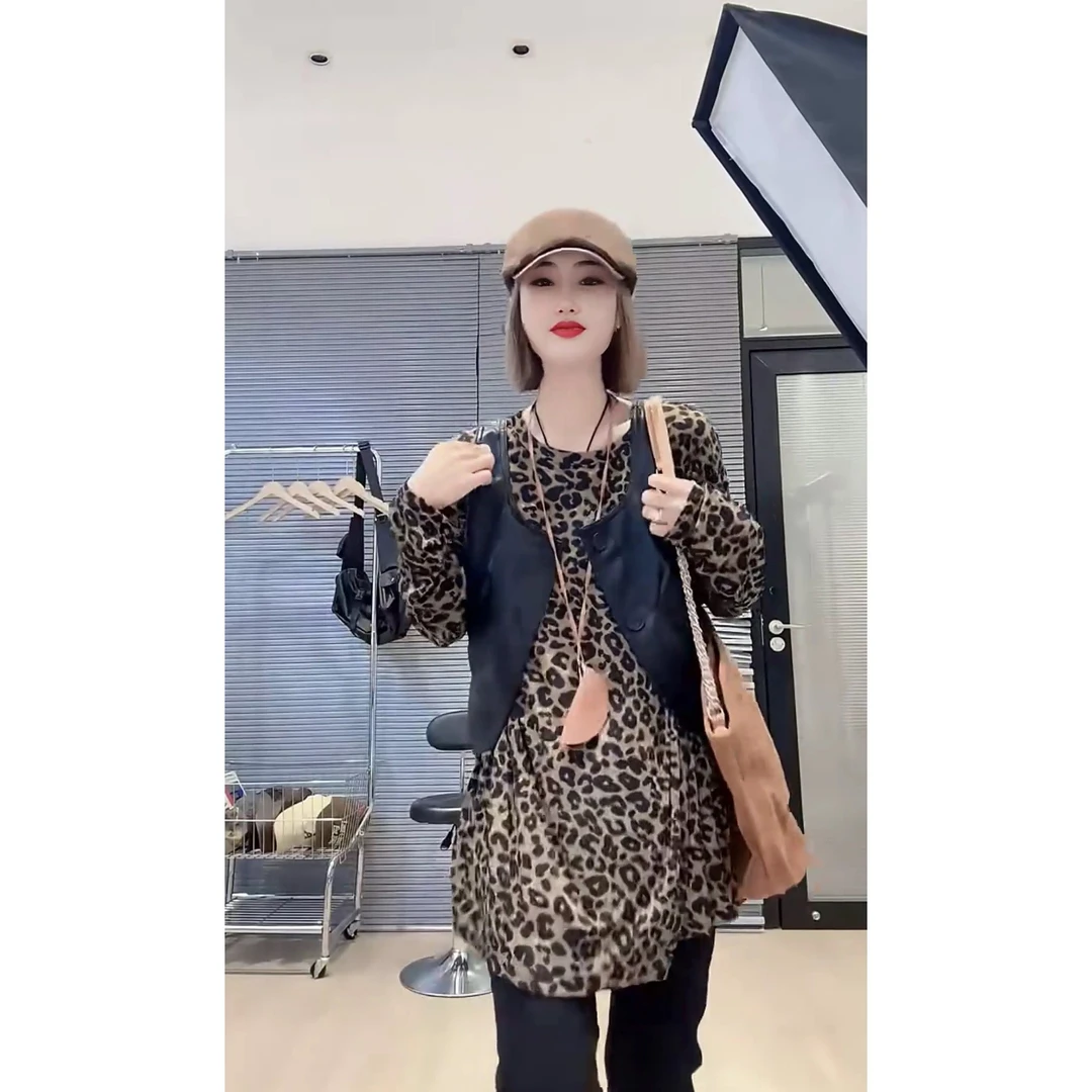 潮流豹纹打底衫显瘦时尚宽松休闲气质百搭长袖T恤