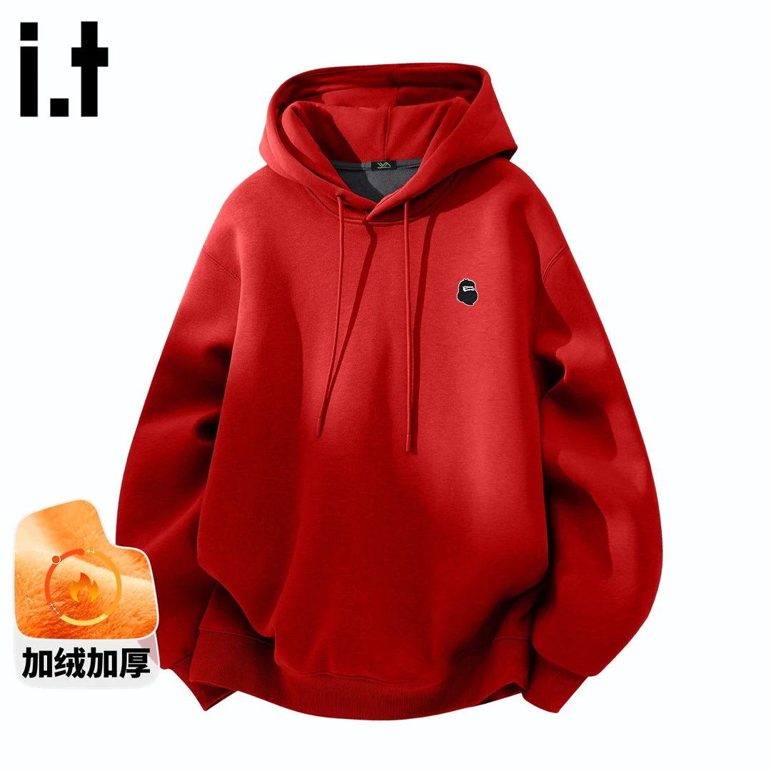 it FINGERCROXX潮牌美式连帽卫衣男秋冬季宽松加绒加厚红色套头衫