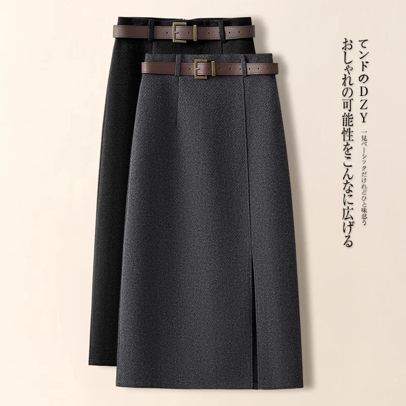 拉夏贝尔气质呢料半身裙女2025年秋季新款高级感直筒a字包臀半裙