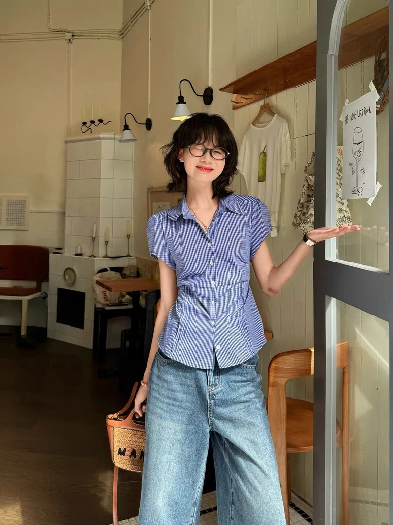 复古蓝格子polo领短袖衬衫夏季新款休闲系带收腰显瘦百搭别致衬衣