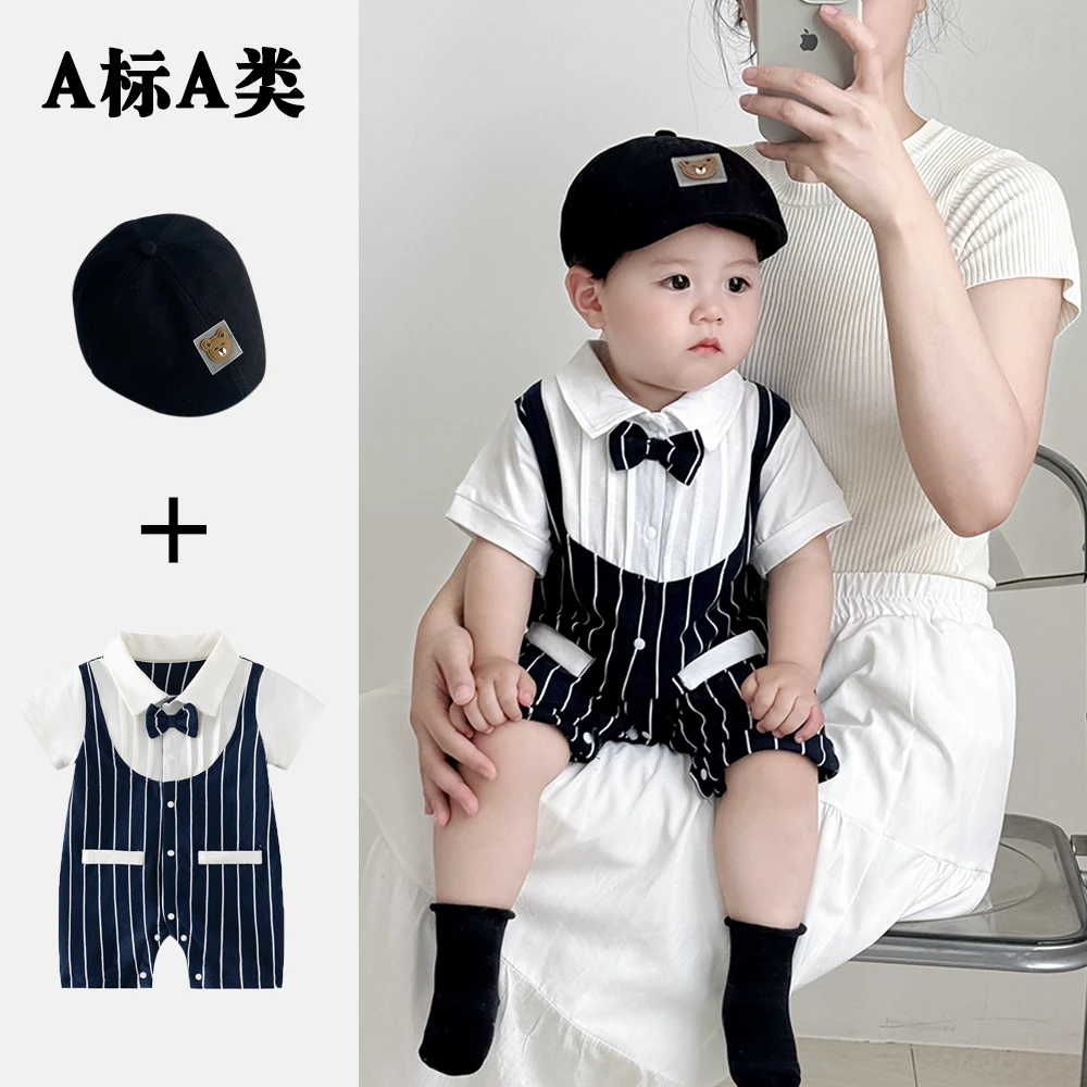 【搭帽子】婴儿连体衣夏款短袖满月周岁百天礼服开衫夏装薄款学院风