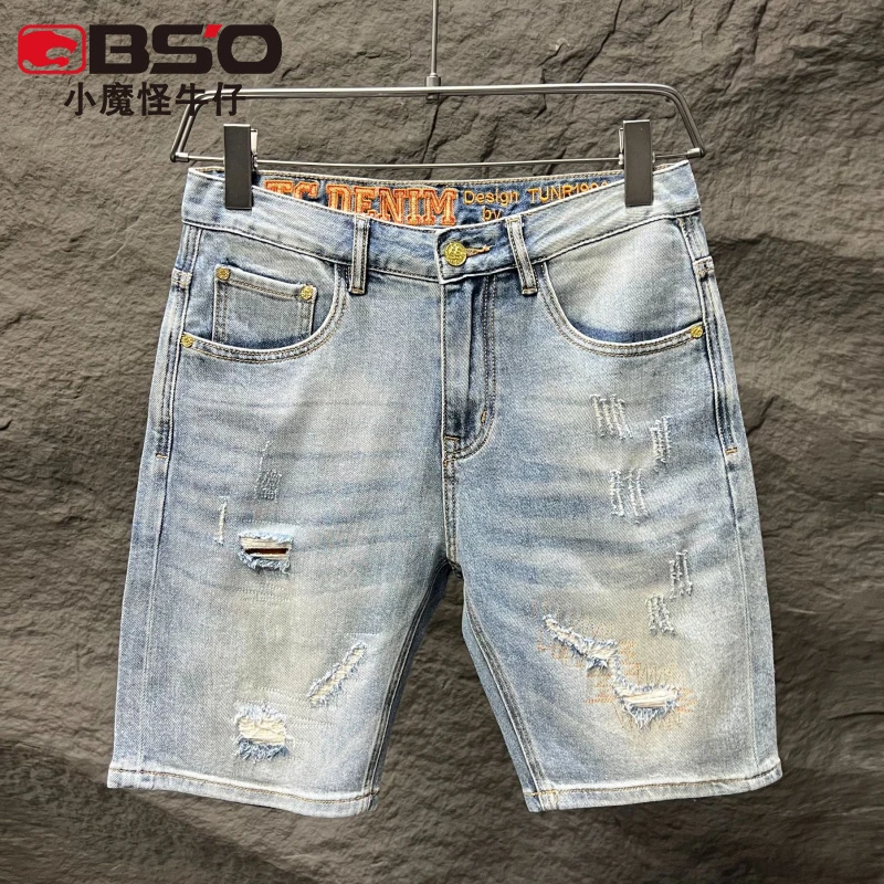 小魔怪夏季薄款破洞补丁牛仔短裤男款五分裤潮牌腰头刺绣百搭中裤