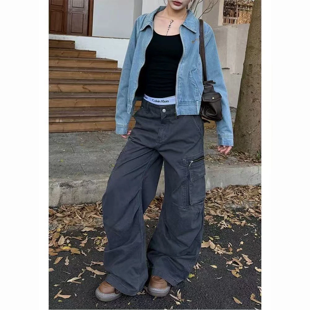 褶皱多口袋cleanfit工装裤男女高街复古松弛宽松阔腿长裤