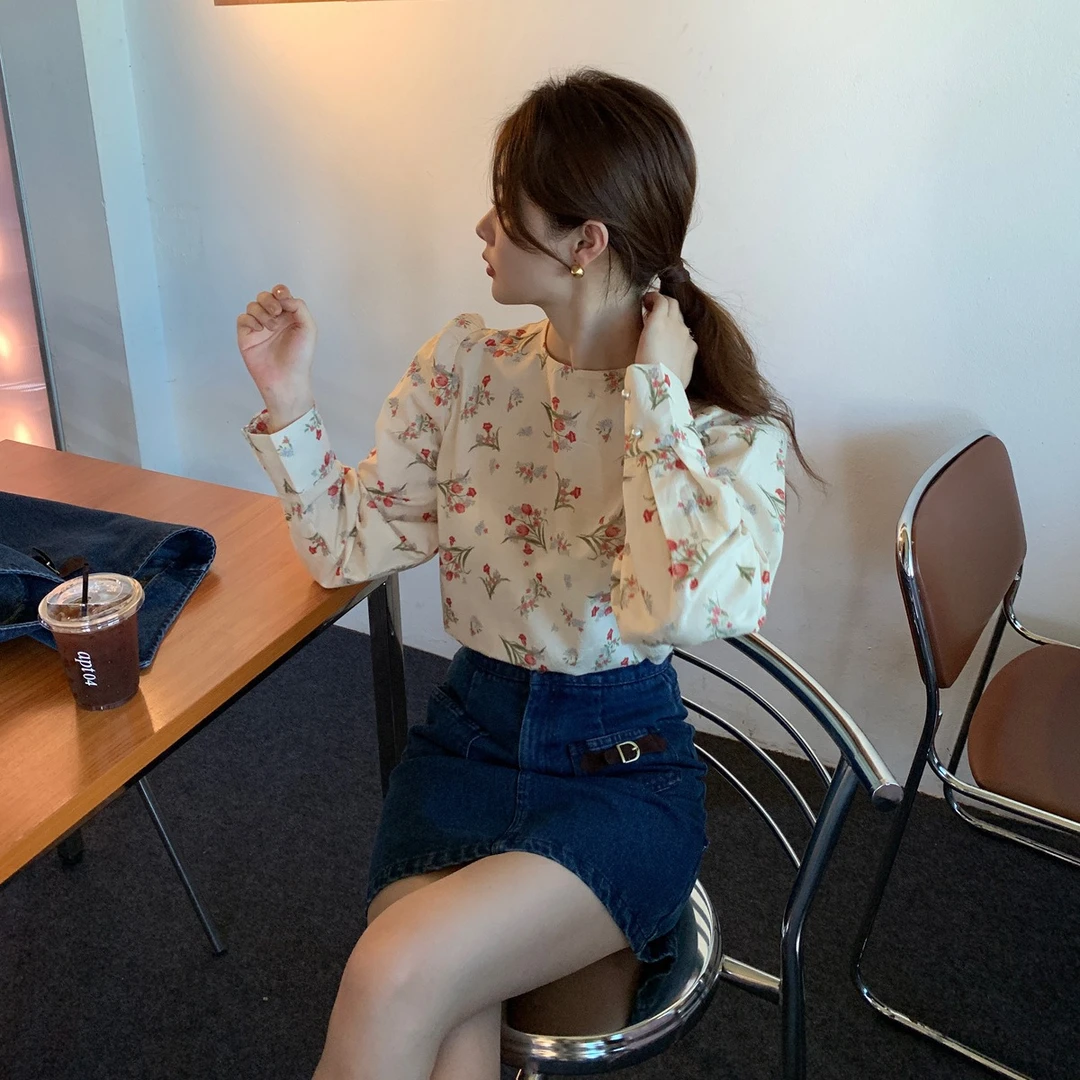 十三行春夏时尚气质套头印花碎花长袖上衣女宽松C0020