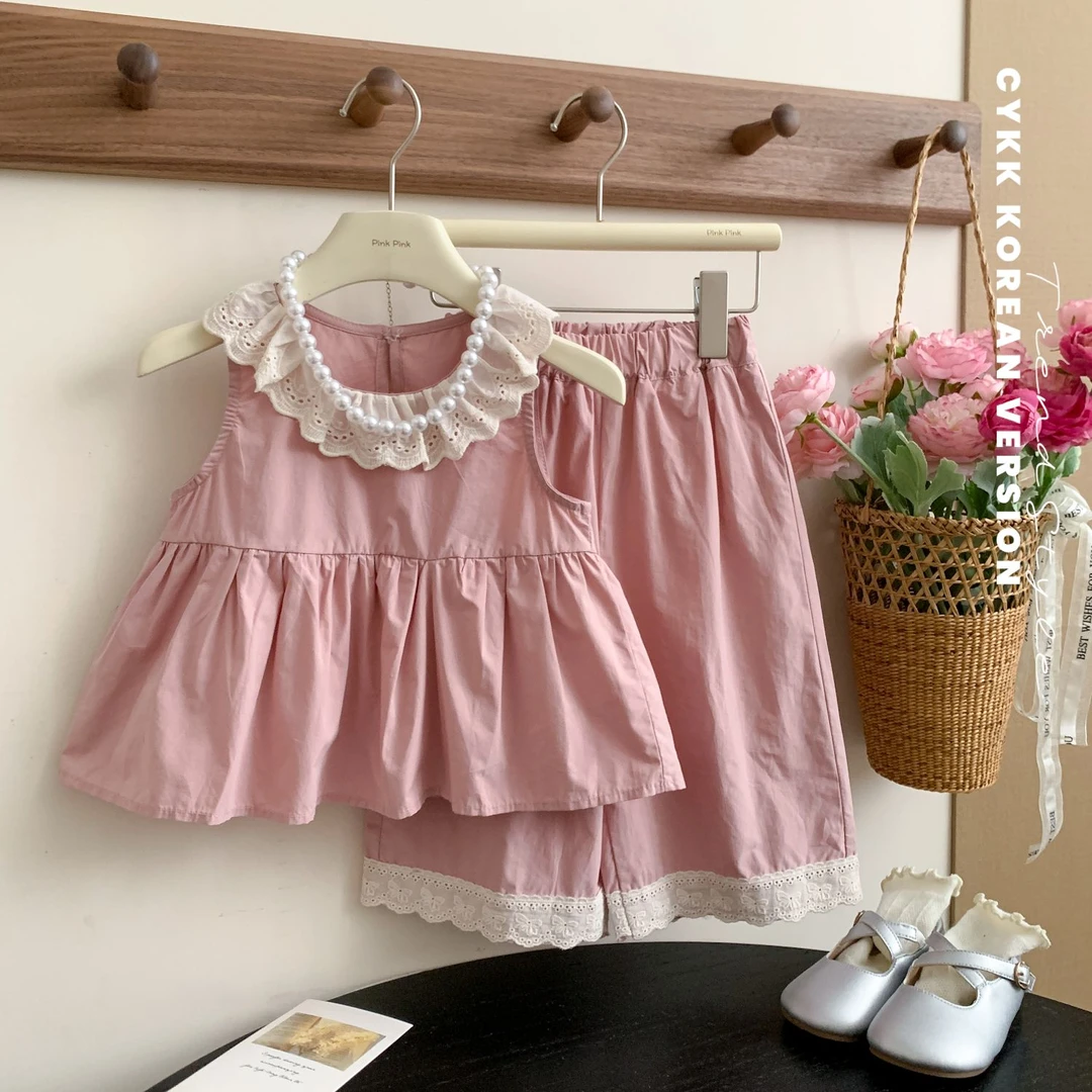 女小童花边无袖套装夏款2025女宝宝洋气时髦夏装小女孩休闲两件套