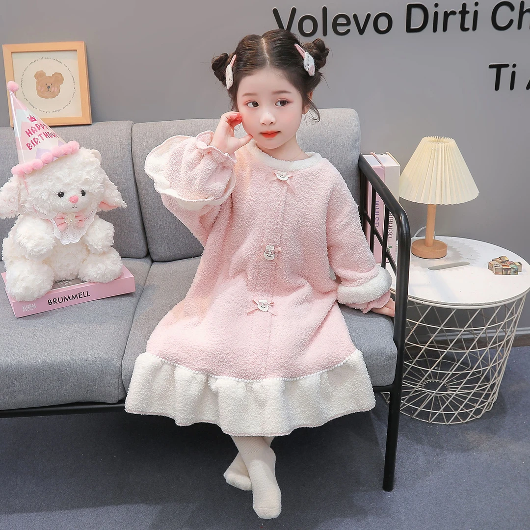 儿童睡裙秋冬款法兰绒女孩宝宝睡衣家居服珊瑚绒冬季洗澡女童浴袍