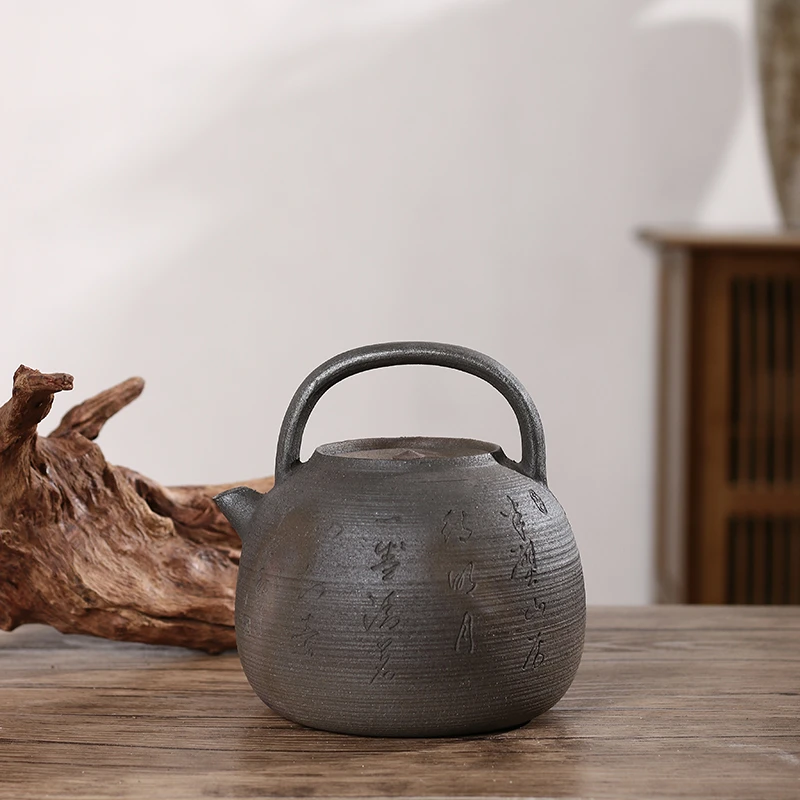 【陶潮文创】潮州柴烧紫金陶烧水茶具刻字藤编提梁砂铫陶壶煮水煮茶