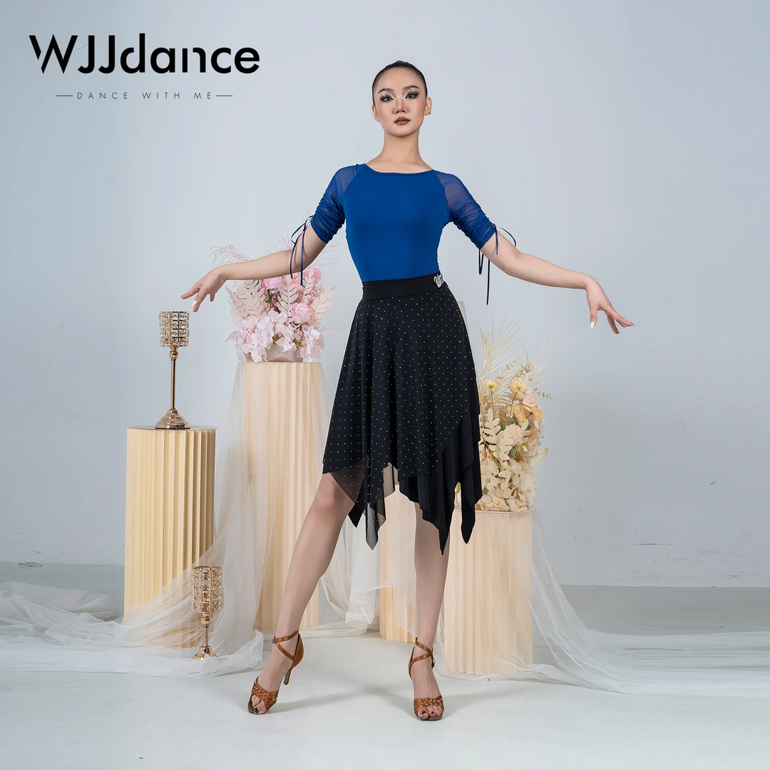 WJJdance拉丁舞臀巾半身裙女成人2025新款贴钻网纱荷叶边国标短裙
