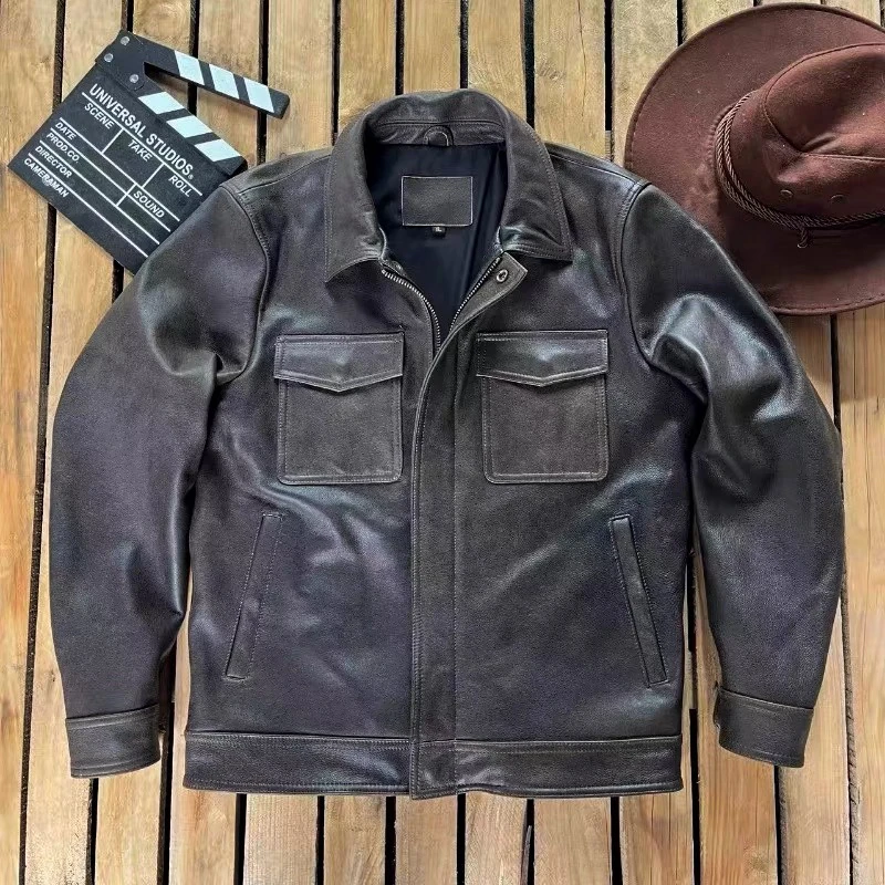 猎鹰头层牛皮复古上口袋简约休闲真皮翻领春秋修身短款皮夹克男装