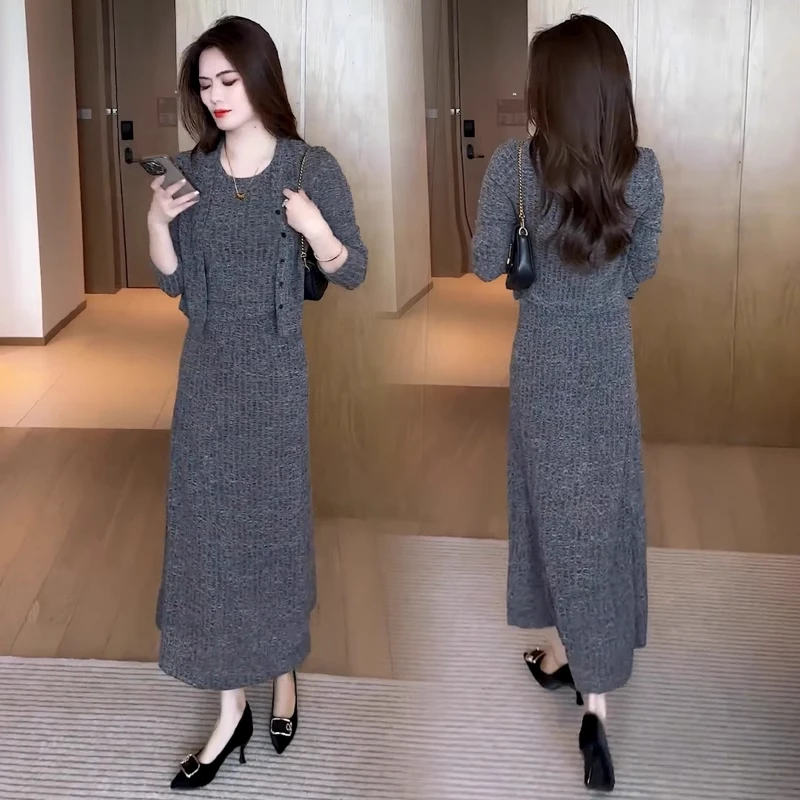 时尚连衣裙套装女秋季新款洋气减龄针织开衫吊带半身裙显瘦三件套