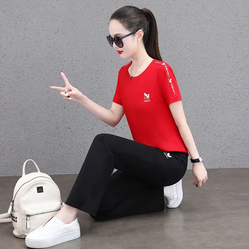 冰丝运动服套装女2025夏季时尚减龄修身显瘦圆领短袖休闲两件套女