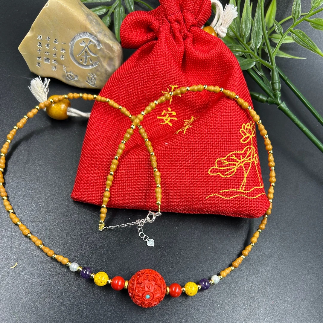 非金属橄榄核项链 辰砂工艺品高含量朱砂六字真言橄榄项链手工