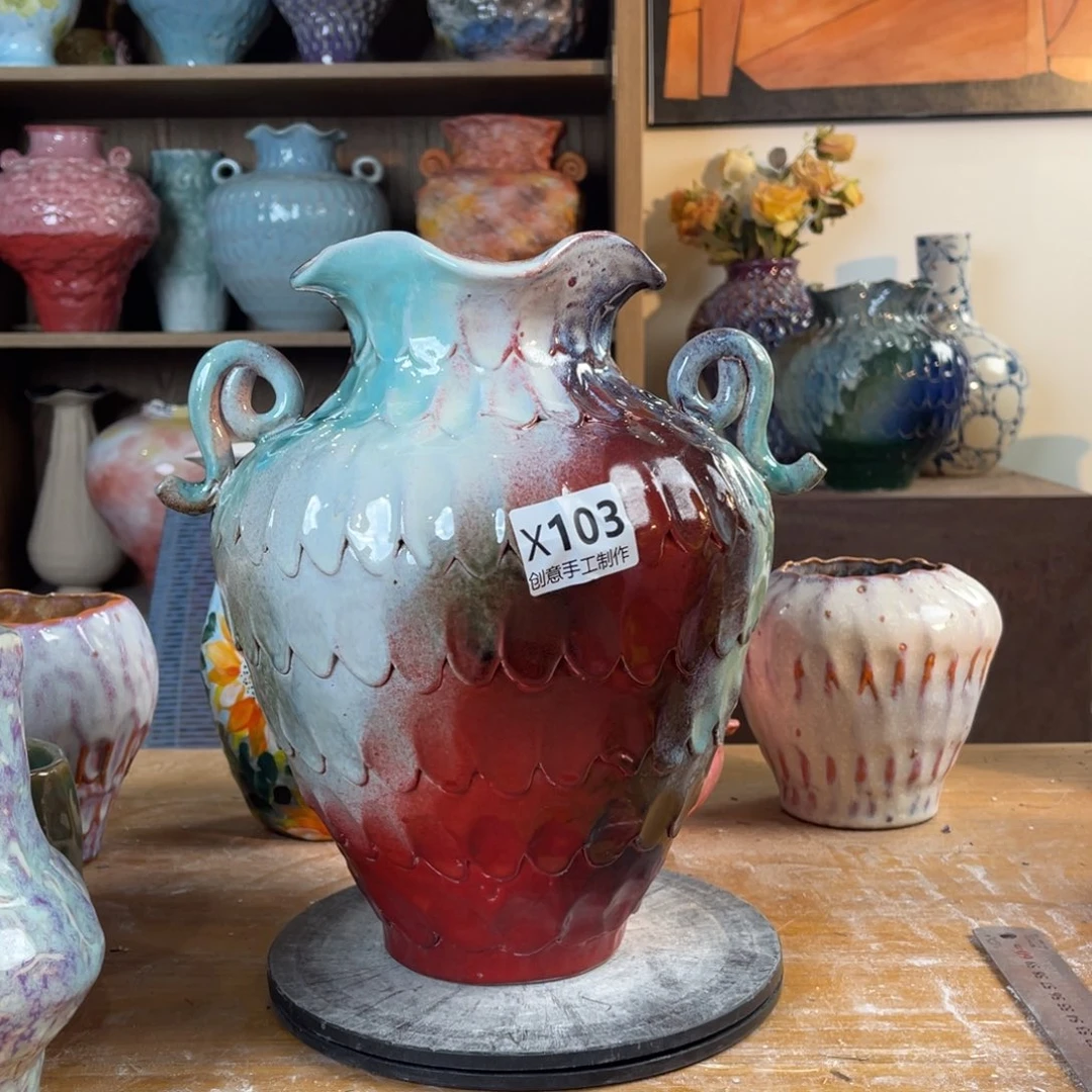 摆件陶瓷花瓶高27口7瑕疵盘泥