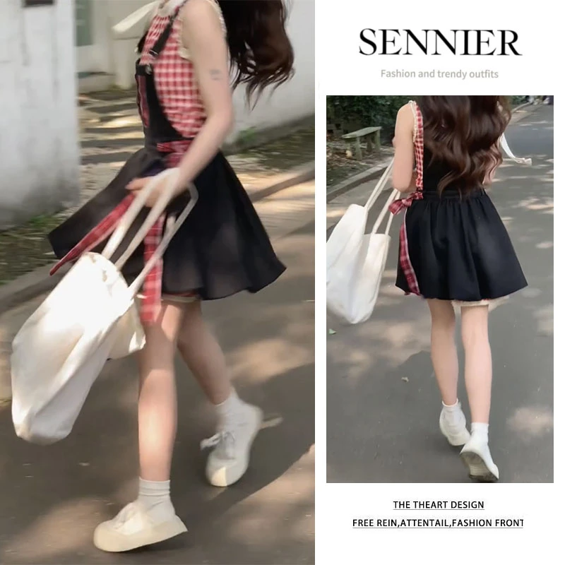 夏季穿搭2025新款叠穿减龄格子无袖连衣裙显瘦牛仔背带裙两件套女