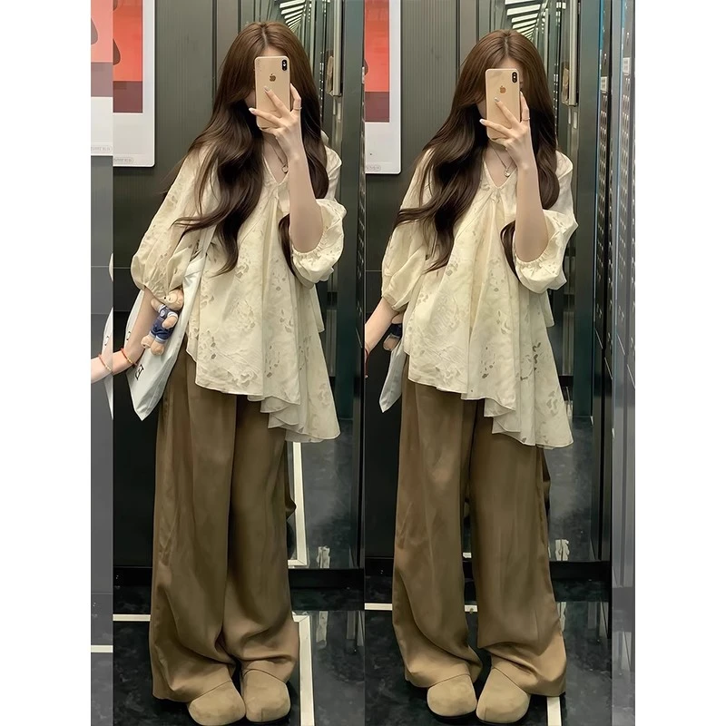 夏装搭配一整套高级感韩系大码多巴胺不规则镂空衬衫阔腿裤套装女