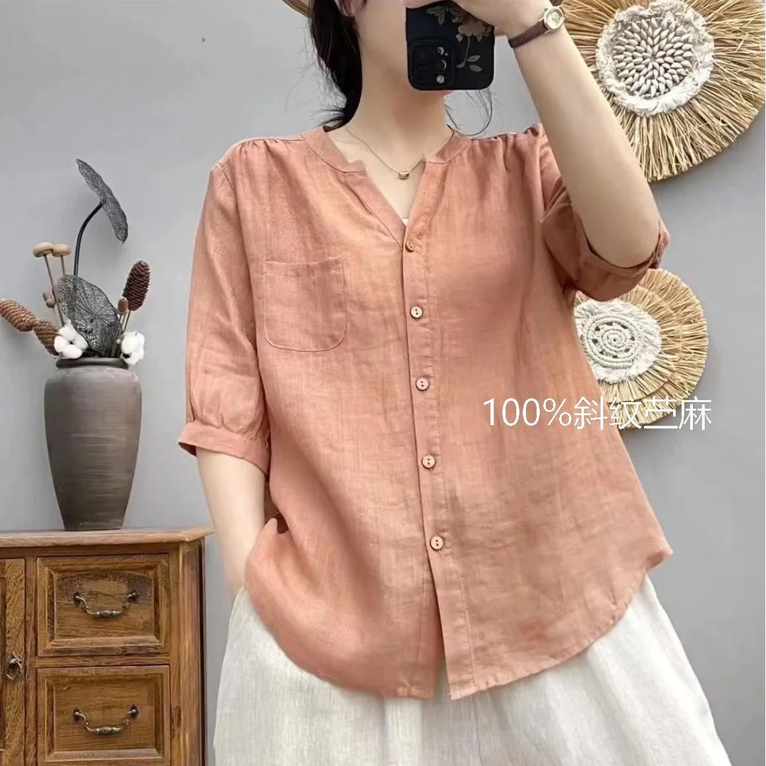 【100斜纹苎麻】夏季斜纹纯苎麻小V领设计衬衫女薄款百搭休闲宽松