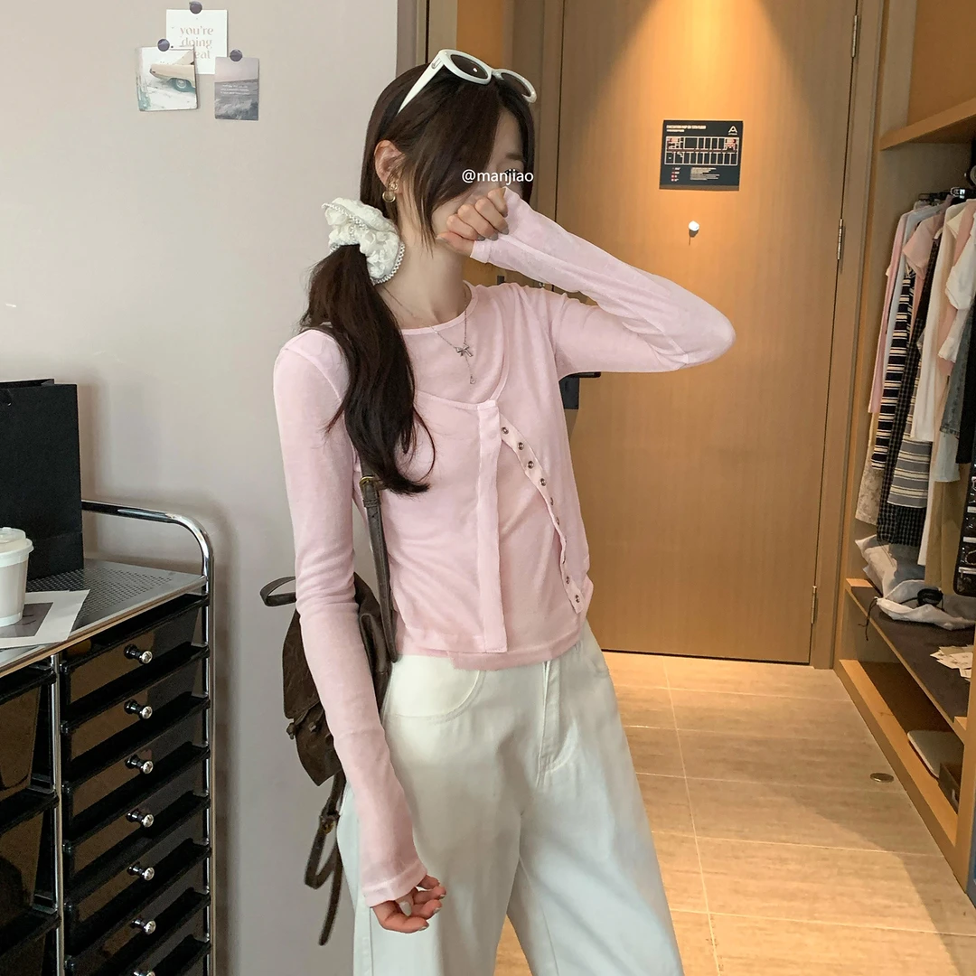 韩版蓝色薄款假两件长袖T恤2025夏季新款设计感独特漂亮上衣