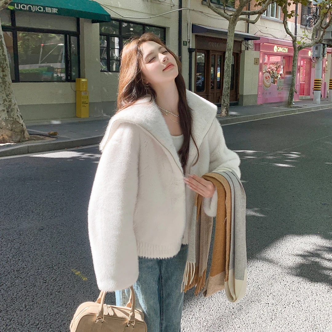 白色海军领毛毛外套女2025冬季新款韩系减龄小个子加厚羊羔绒棉服