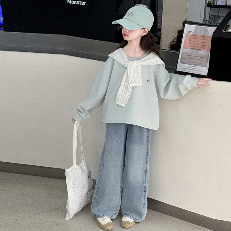 [麦哆哆」女童中大童春季时尚洋气拼接百搭卫衣牛仔直筒裤套装潮