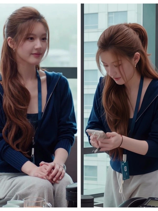 许我耀眼赵露思许妍同款藏蓝色短款拉链外套超好看连帽针织上衣女