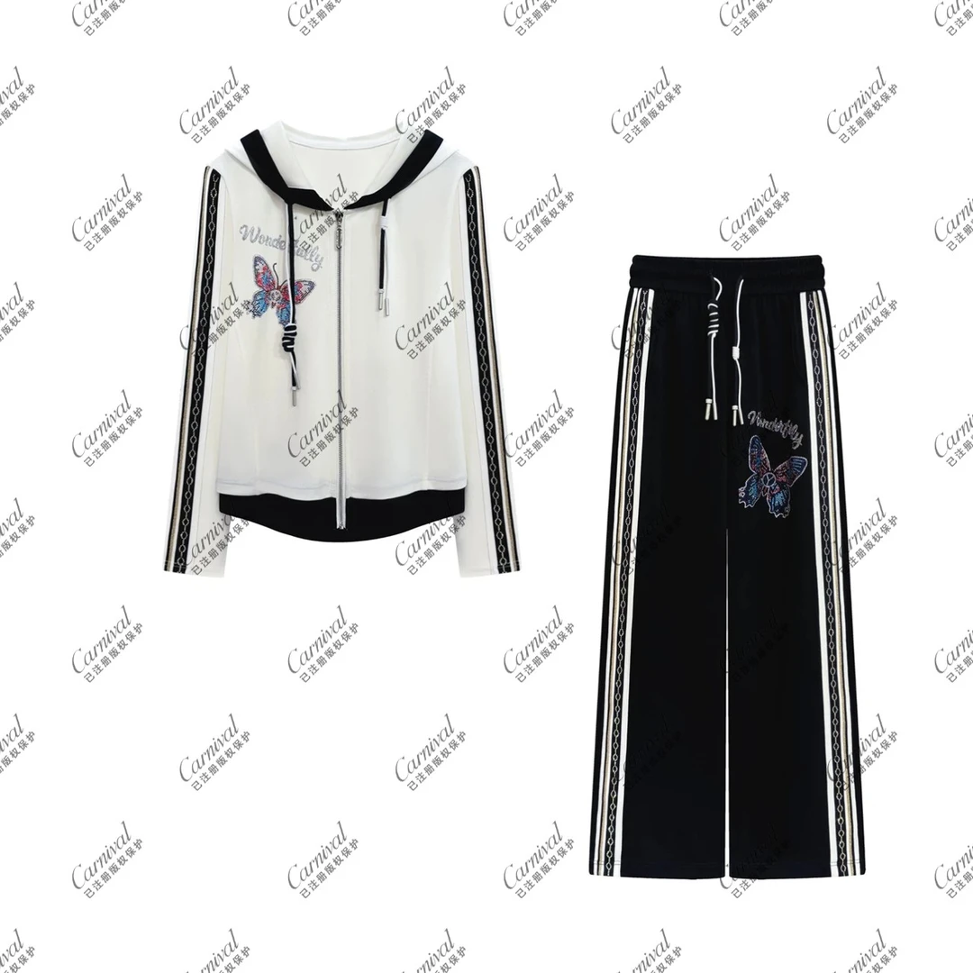 新款百搭重工蝴蝶设计休闲连帽拉链宽松休闲运动衣服套装9907#