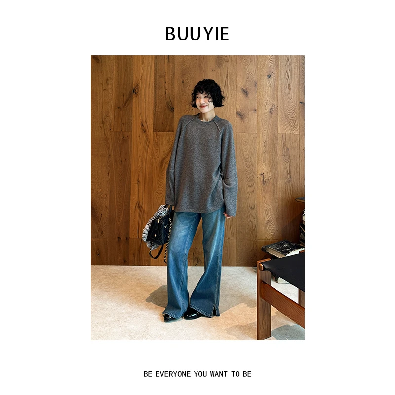 BUUYIE【邃织】绵羊毛针织上衣女款冬季宽松设计感宽松毛衣251094