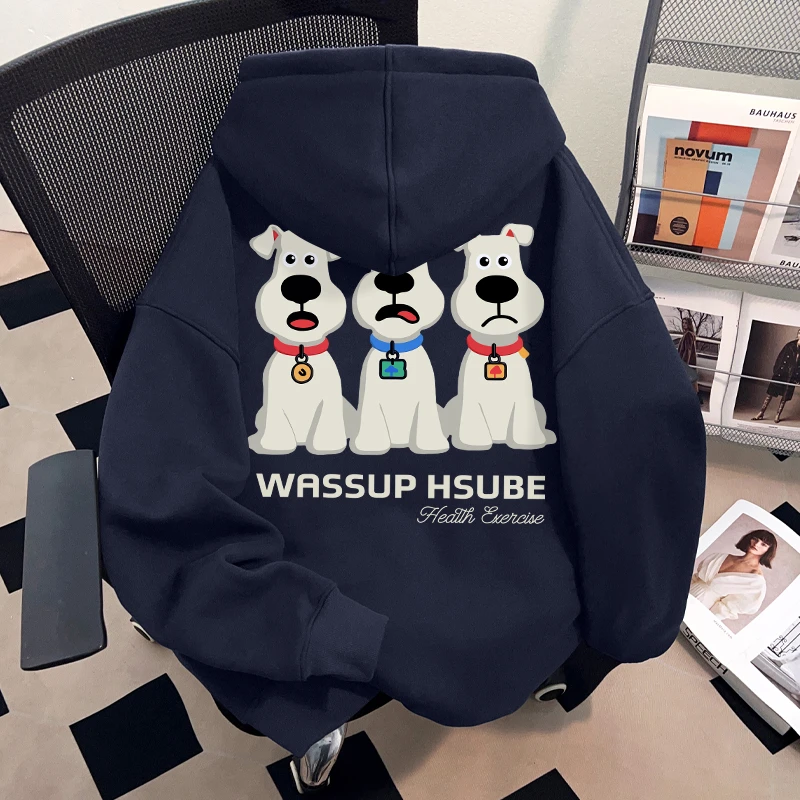 WASSUP HSUBE美式潮流趣味印花连帽上衣情侣百搭休闲套头外套卫衣