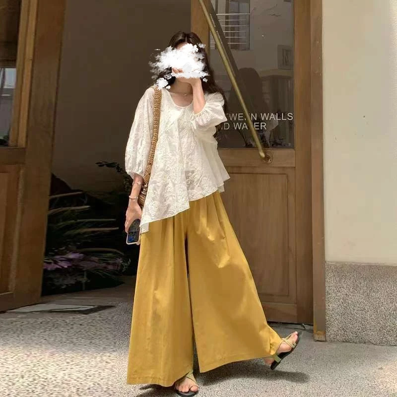 氛围感文艺范套装裤2025女夏新款韩系穿搭不规则绣花斜T阔腿裙裤