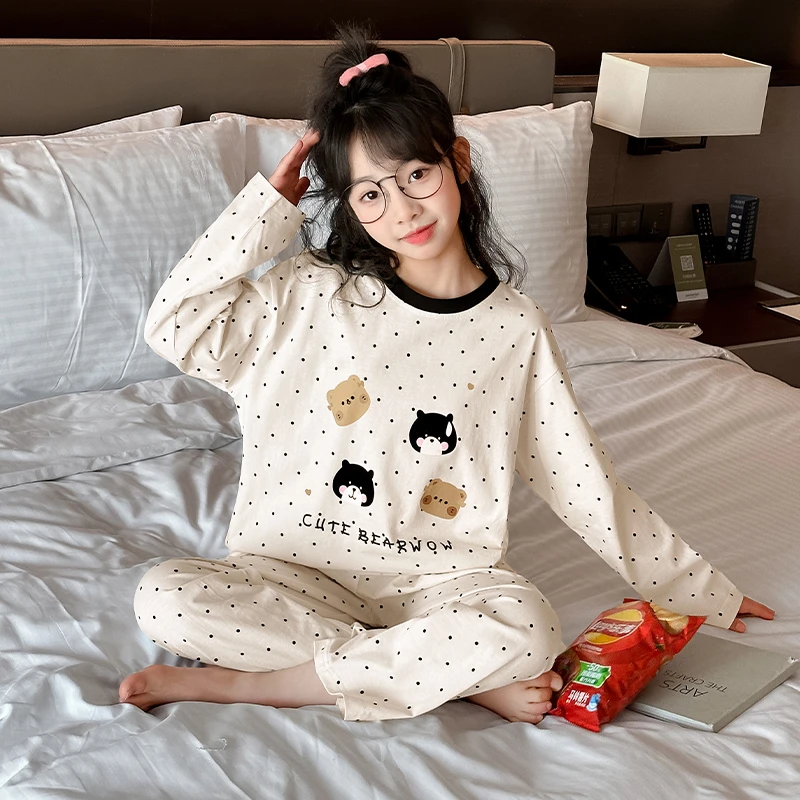 儿童薄款睡衣女大童纯棉长袖春秋季波点小熊6-12岁女孩家居服套装