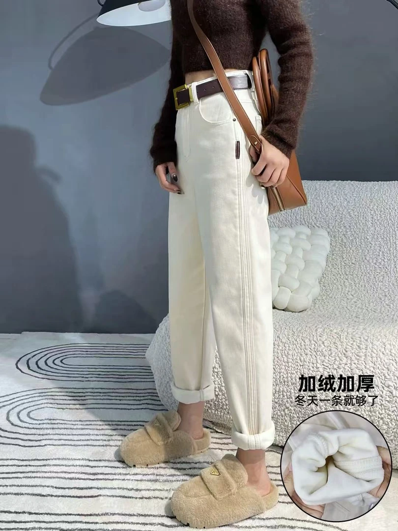 米杏色刺绣加绒加厚牛仔裤女高腰显瘦直筒阔腿裤0133