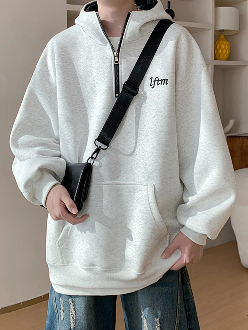 半拉链连帽卫衣男春秋款潮牌美式重磅衣服宽松潮流刺绣青少年外套