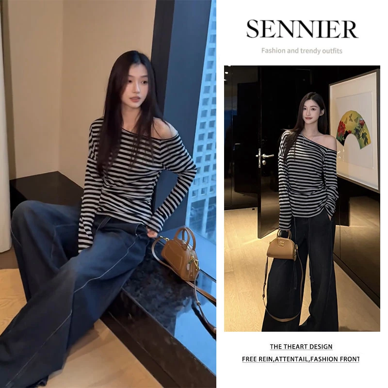 早秋穿搭2025新款韩版修身条纹长袖斜肩上衣显瘦阔腿牛仔裤两件套