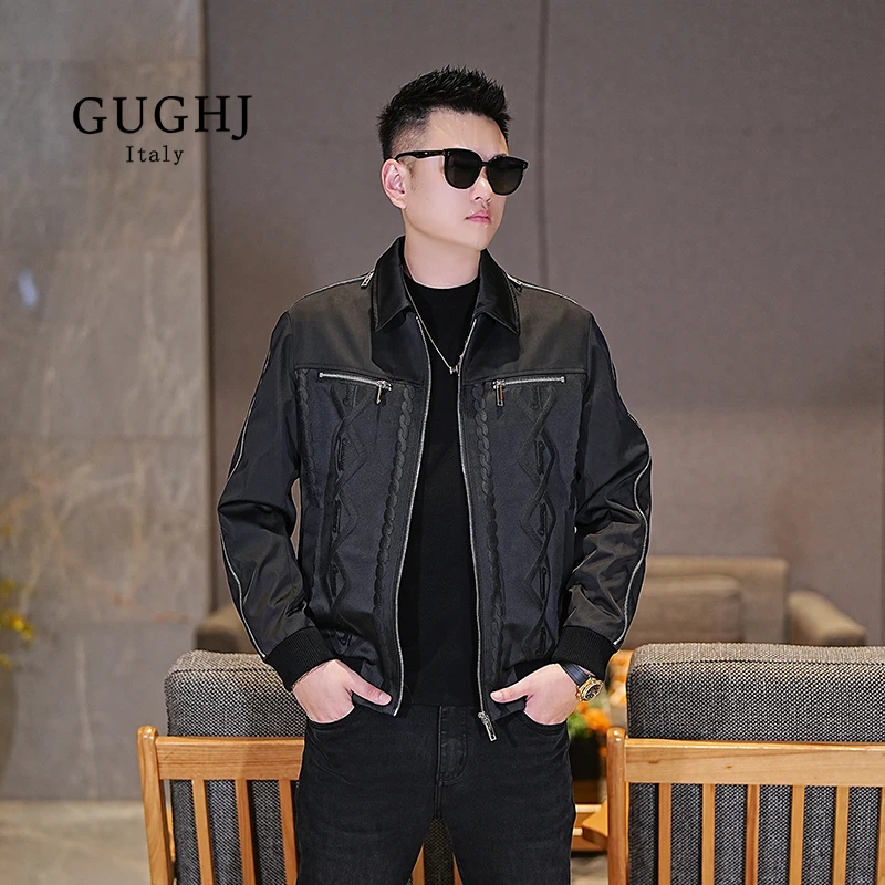 男士2025秋季新款针织拼接休闲外套潮流修身百搭翻领拉链短款夹克