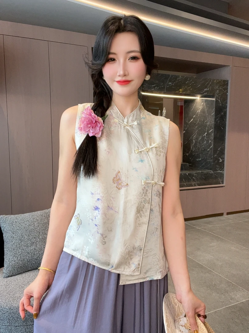 【烟蝶】2025新款夏季马甲新中式宽松立领提花薄款上衣马夹国风女装