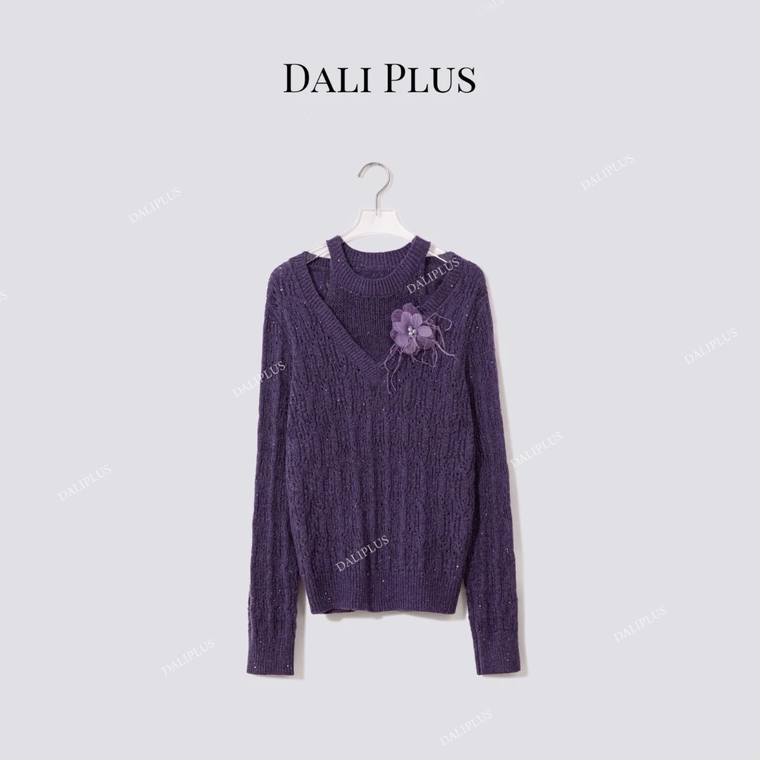 DALI PLUS“山羊绒+绵羊毛+天丝”露肩假两件长袖针织-D5CK2174