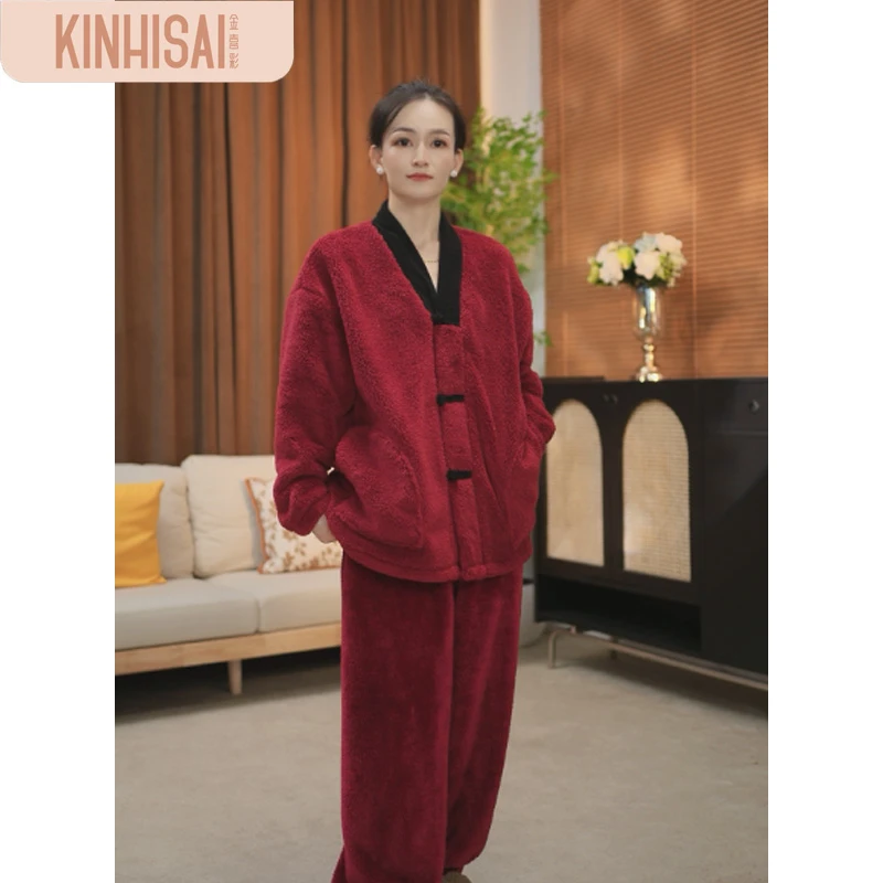 【特厚】睡衣女冬季加绒加厚长袖保暖新中式家居服套装可外穿舒美绒