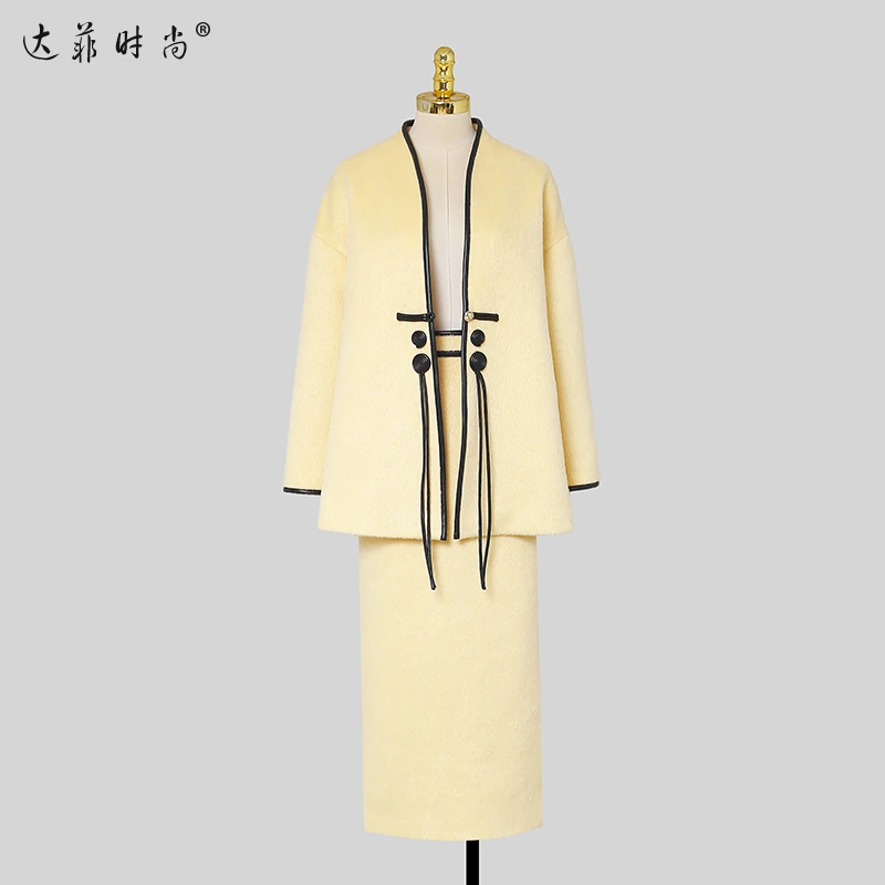 冬羊毛毛呢长毛宽松新中式外套撞色高腰半裙开叉套装ZC34430