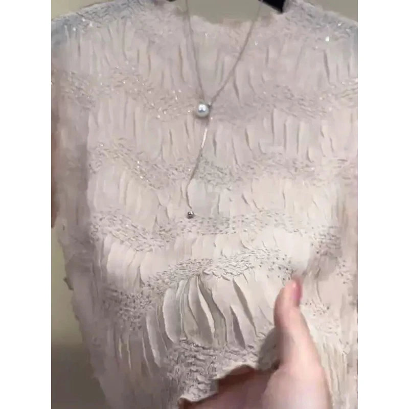 超好看独特漂亮气质百搭亮闪闪杏色短袖女装夏季纯欲慵懒风女装